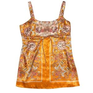 John Paul Richard Orange Paisley Floral Satin Sleeveless Blouse Sz L Y2K